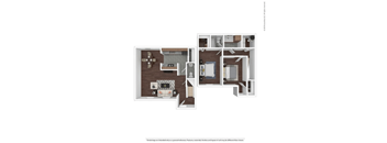 A floor plan of a house with a kitchen, living room, and two bedrooms.