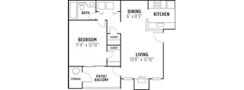 A floor plan of a house with a bedroom, a living room, a kitchen, a dining room, a bathroom, and a patio/balcony.