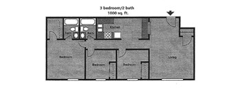 A floor plan of a 1000 sq. ft. 3 bedroom, 2 bath home.