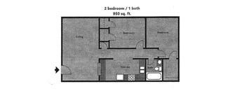 A floor plan of a 2 bedroom, 1 bathroom apartment sized 950 sq.ft.