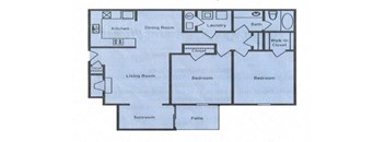 A floor plan of a house with a living room, two bedrooms, a kitchen, a dining room, a bath, a laundry room, a walk-in closet, a sunroom, and a patio.