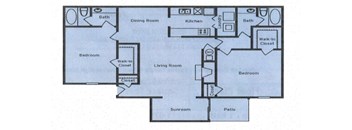 A floor plan of a house with a living room, dining room, kitchen, two bedrooms, a bathroom, a walk-in closet, a sunroom, and a patio.