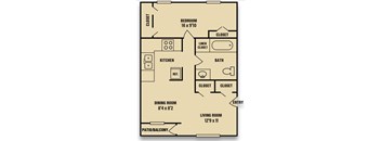A floor plan of a house with a bedroom, kitchen, bathroom, living room, dining room, and patio/balcony.