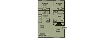 A floor plan of a two bedroom apartment with a living room, dining room, kitchen, and bath.