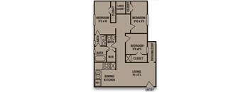 A floor plan of a small apartment with two bedrooms, a living room, a dining/kitchen area, and two bathrooms.