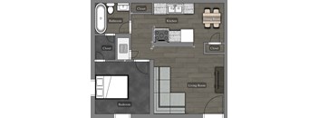 A floor plan of a house with a living room, dining room, kitchen, bathroom, and bedroom.