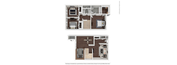 A floor plan of a two-story apartment with a living room, kitchen, and bedrooms.