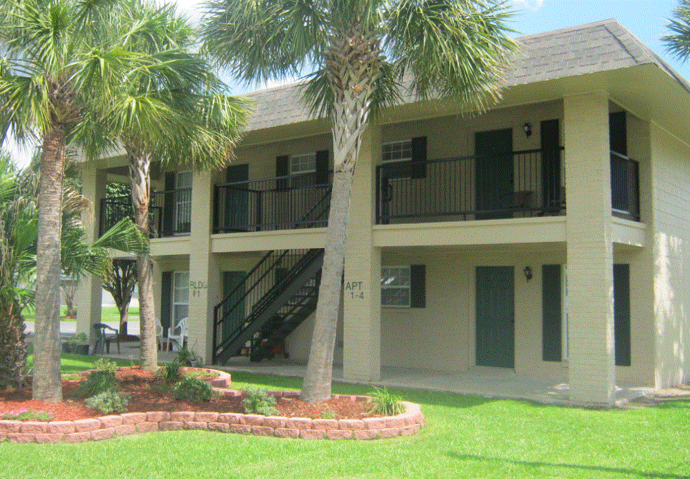 an exterior view of a large building with palm trees in front of it