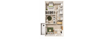 A floor plan of a small apartment with a bedroom, living room, kitchen, and bathroom.