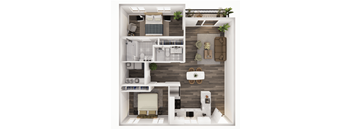 A top-down view of a modern apartment layout with a living room, kitchen, and bathroom.