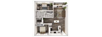 A top-down view of a modern apartment layout with a living room, kitchen, and bedrooms.