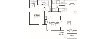A floor plan of a small apartment with a bedroom, living room, kitchen, and bathroom.