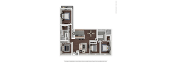 A floor plan of a small apartment with a kitchen, living room, and two bedrooms.