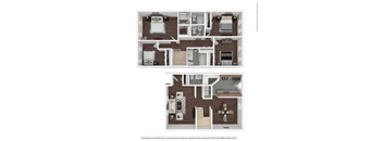 A floor plan of a two-bedroom apartment with a kitchen and living room.