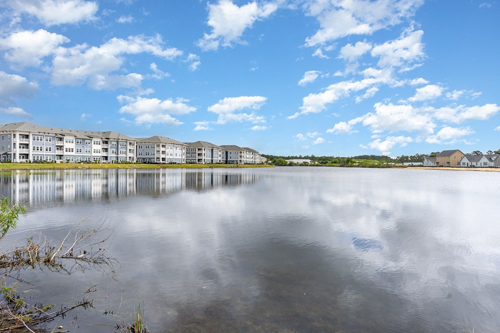 a view of a lake near a building