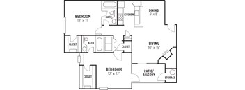A black and white image of a house floor plan with a living room, two bedrooms, a dining room, kitchen, patios, and storage.