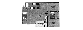 A black and white image of a floor plan for a house with a kitchen, dining room, living room, and three bedrooms.