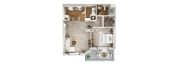 A top down view of a house interior with a kitchen, living room, and bathroom.