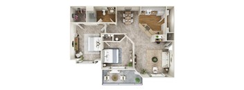 A top-down view of a modern apartment layout.
