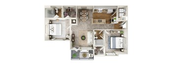 A top-down view of a modern apartment layout.