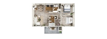 A top-down view of a house layout with a kitchen, living room, dining room, and bathrooms.