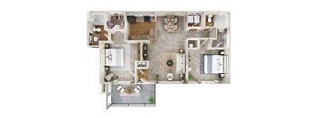 A top down view of a small apartment with a kitchen, living room, and bathroom.