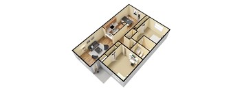 A 3D floor plan of a house with a kitchen, living room, dining room, and bedrooms.