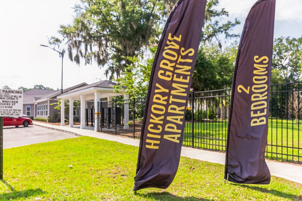 a building with two banners in front of it