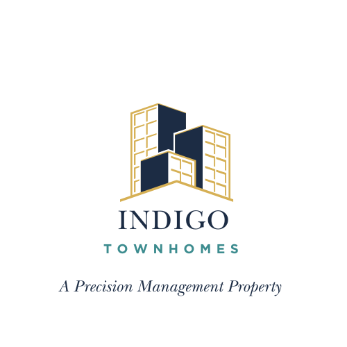 A logo for Indigo Townhomes, a precision management property.