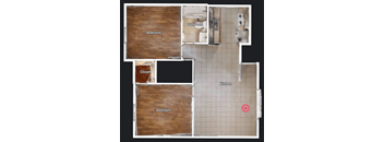 A floor plan of a house with two bedrooms, a bathroom, a kitchen, and a closet.