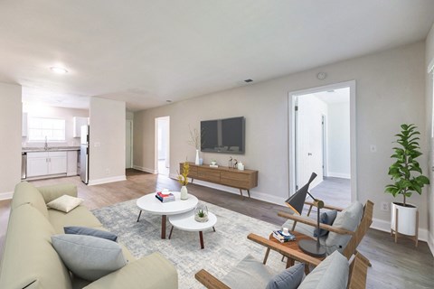 A living room with a couch, a chair, a coffee table, and a television.