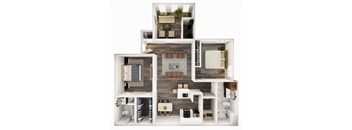 A 3D floor plan of a house with multiple rooms and furniture.