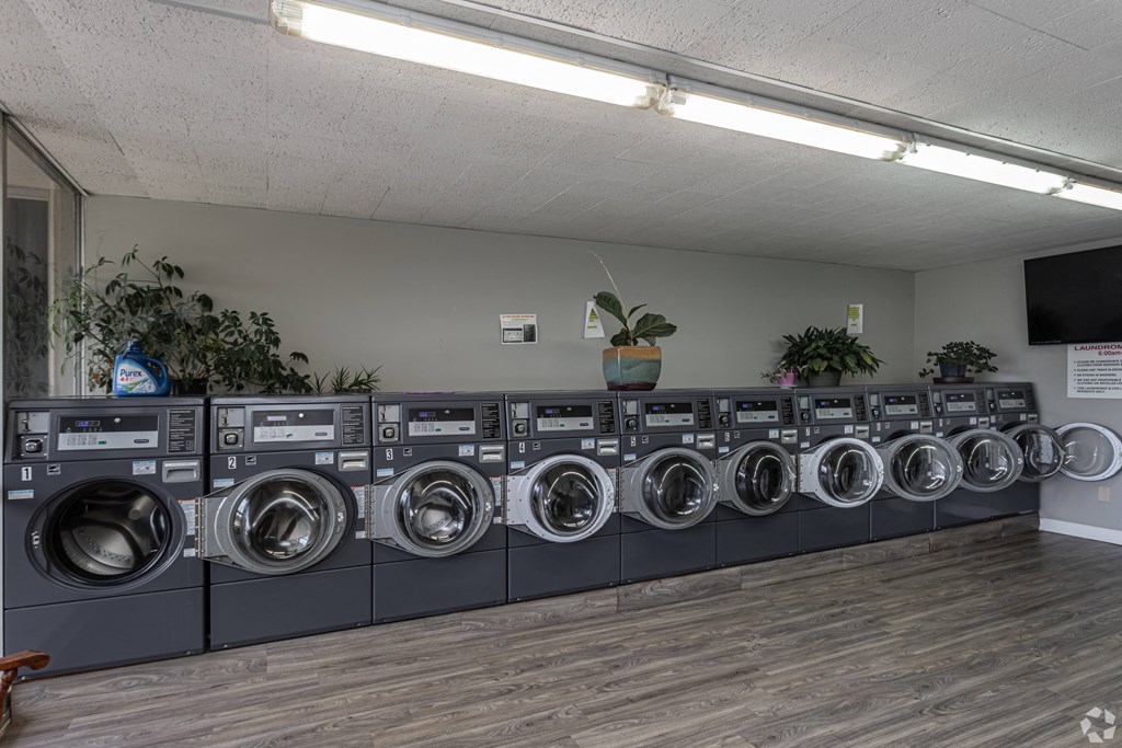 a row of washing machines in a laundromat