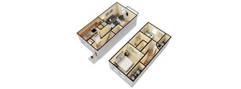 A 3D image of a house layout with two bedrooms, a living room, a kitchen, and a bathroom.