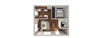 a 3d floor plan of a bedroom with a bathroom and a living room