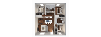 a 3d rendering of a 1 bedroom floor plan with a bathroom and living room
