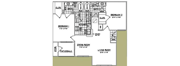 A floor plan of a house with labeled rooms such as Bedroom 1, Dining Room, Living Room, and Bathroom 2.