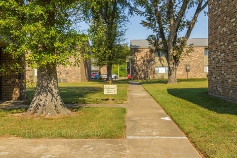 a path with a sign in the middle of a grassy area with trees