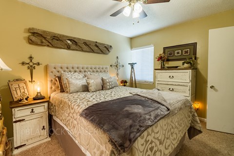 a bedroom with a bed and dresser