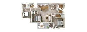 A top-down view of a house layout with multiple rooms and furniture.