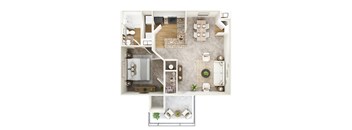 A top-down view of a house interior with a kitchen, living room, dining area, and bathroom.