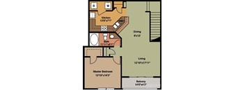 A floor plan of a home showing a kitchen, dining area, living room, bathroom, and balcony.