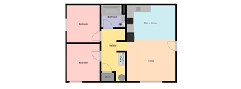 A floor plan of a house with labeled rooms such as Bedroom, Bathroom, Kitchen, Living room, and Hallway.