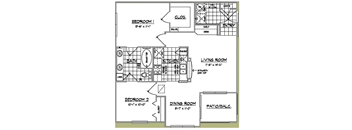 A floor plan of a house with labeled rooms such as Bedroom 1, Bath, Kitchen, Living Room, Dining Room, Bedroom 2, Closet, Entry, Patio/Balcony, and Shelf