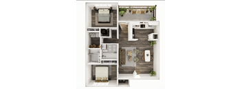 A top-down view of a modern apartment layout with a kitchen, living room, and bedrooms.