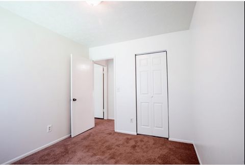 A room with a brown carpet and white walls.
