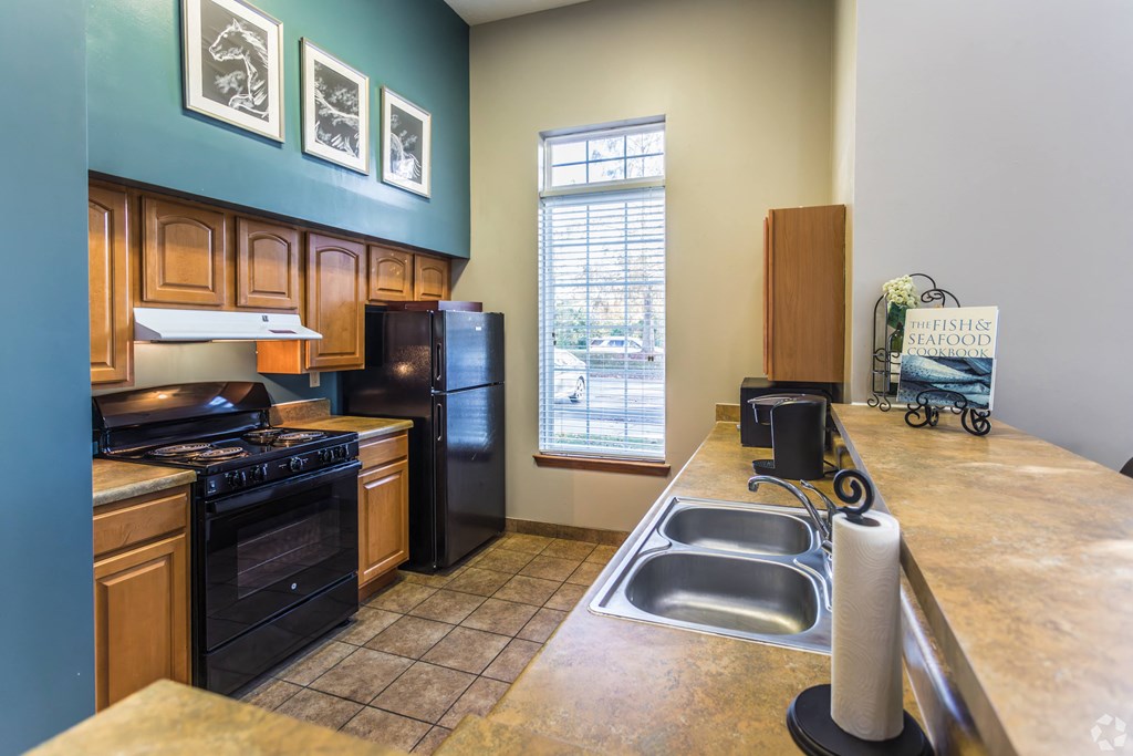 A kitchen with black appliances and wooden cabinets.