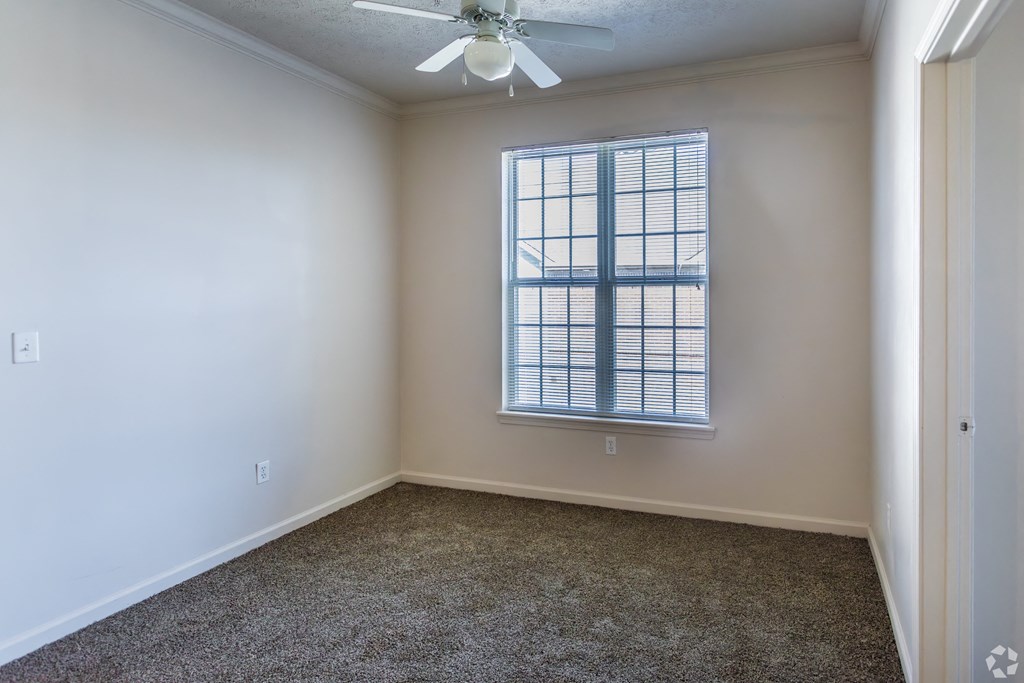 A room with a ceiling fan and a window with blinds.