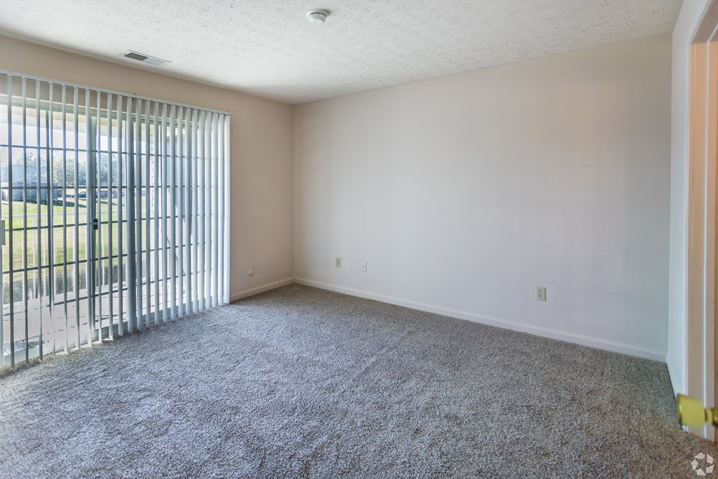 A room with a carpeted floor and a window with blinds.