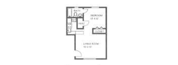 A floor plan of a small apartment with a living room, bedroom, bathroom, and closet.